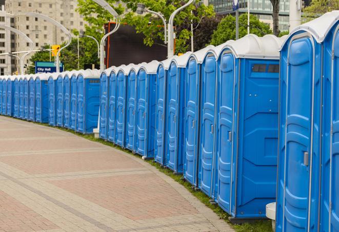 a line of portable restrooms at an outdoor wedding, catering to guests with style and comfort in Pelham